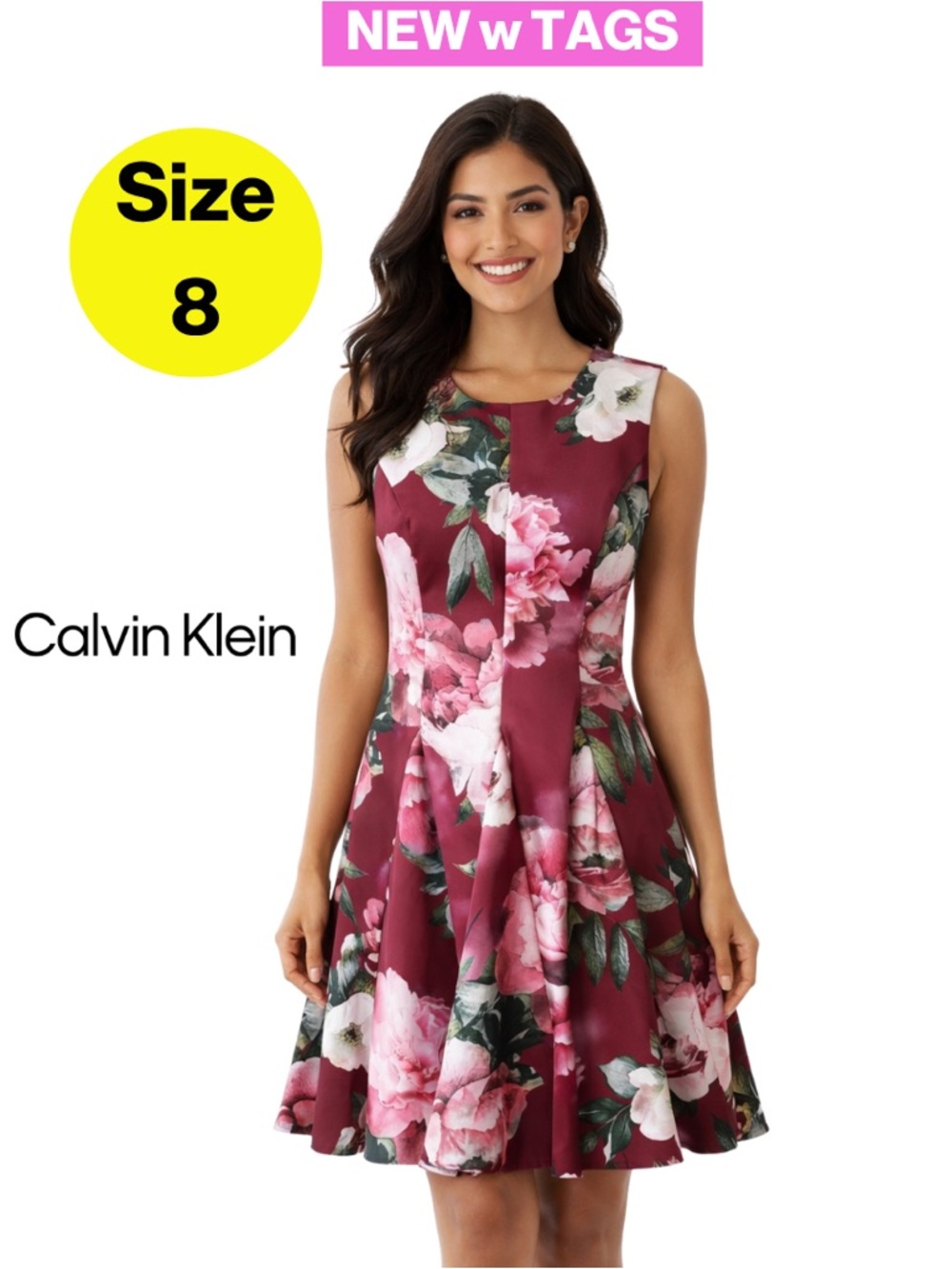 NEW w TAGS 🏷️ CALVIN KLEIN Burgundy & Pink Floral A-Line Dress (Size 8)